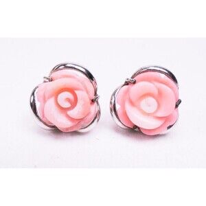 925 Sterling Silver Carved Shell Rose Floral Stud Earrings Signed
